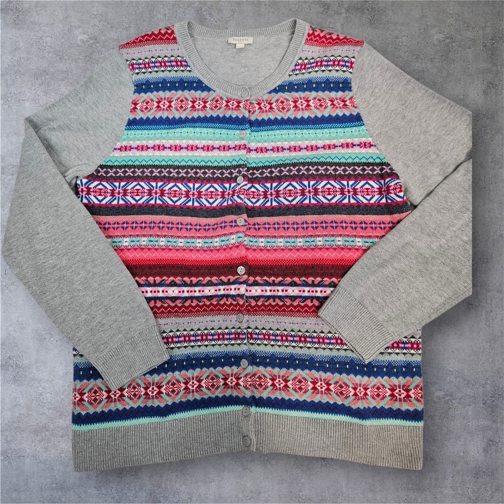 Talbots Women Fair Isle Striped Knit Button Front Nordic Cardigan Sweater Large